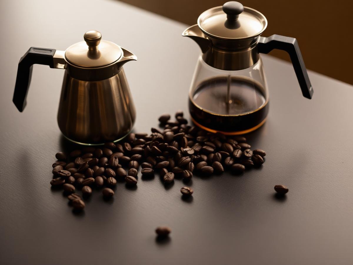 Illustrative photograph of coffee beans and brewing equipment