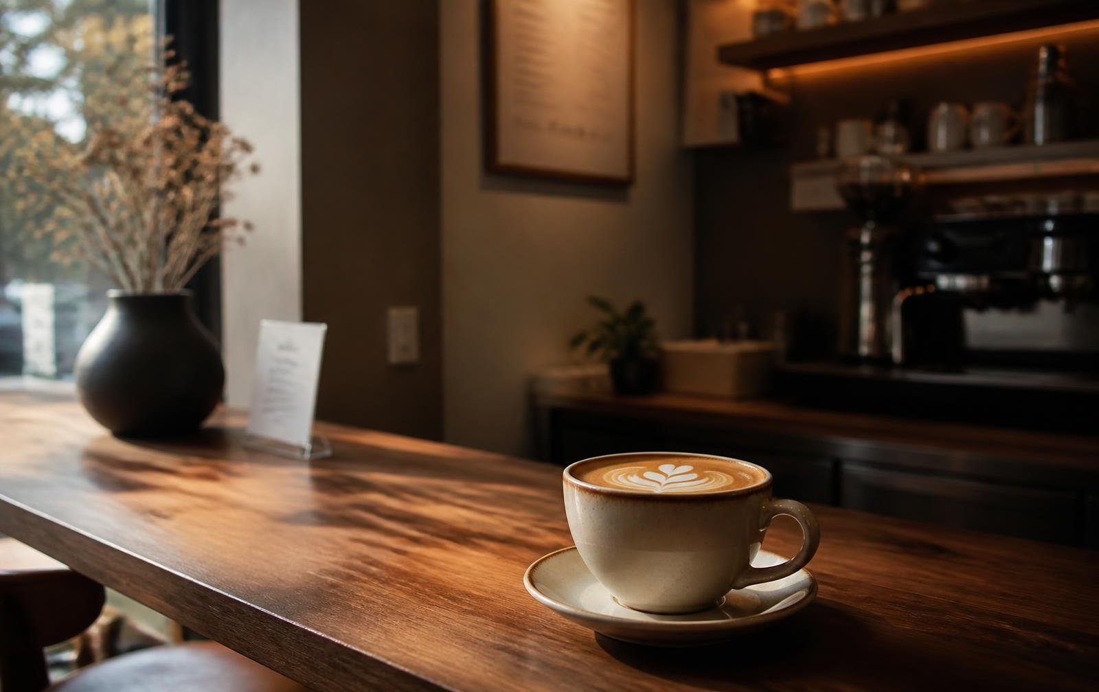 Illustrative café photography: a latte on a wooden counter